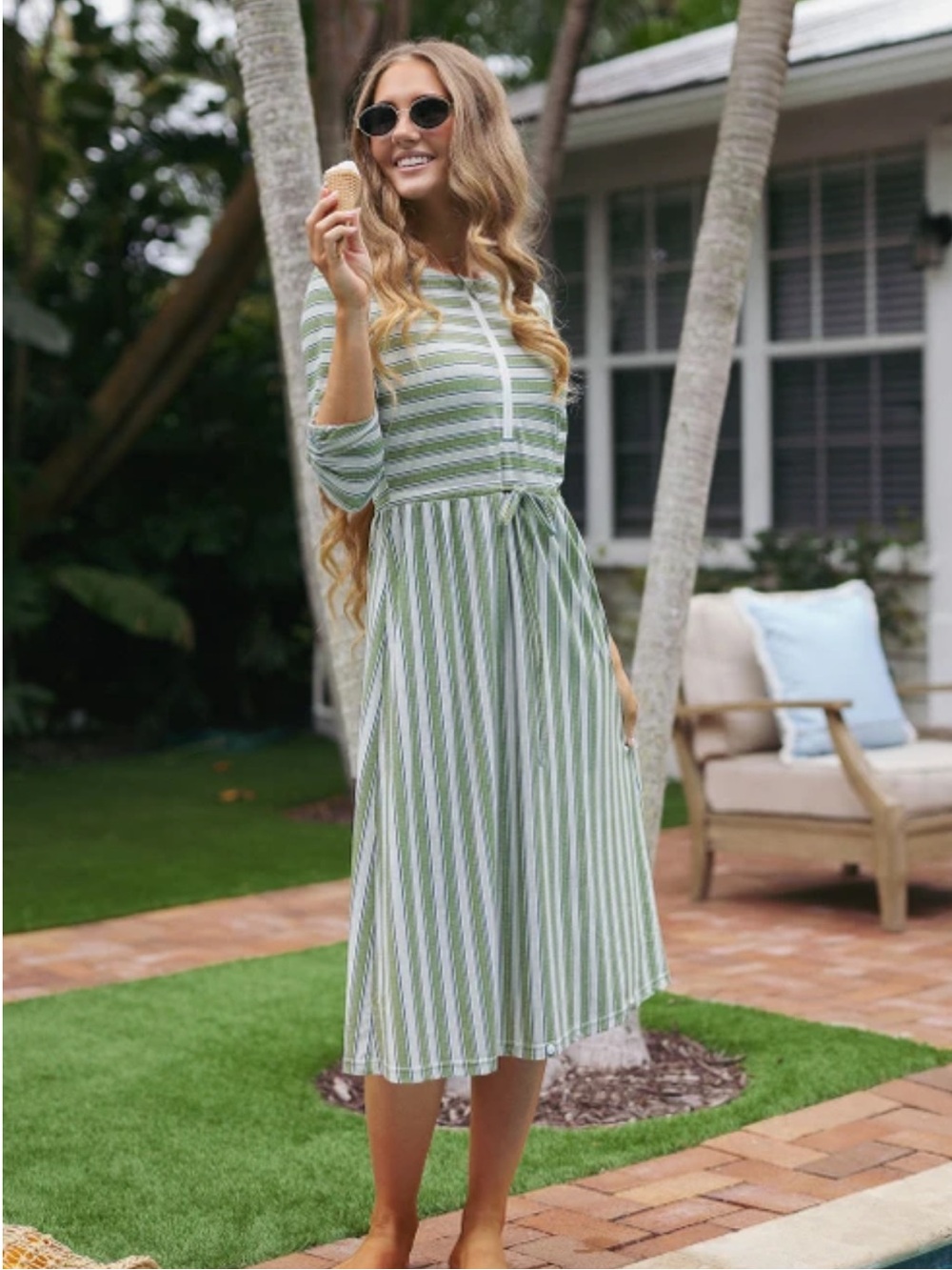 Dainty Jewells Amalfi Striped Swim Dress Olive Green & White